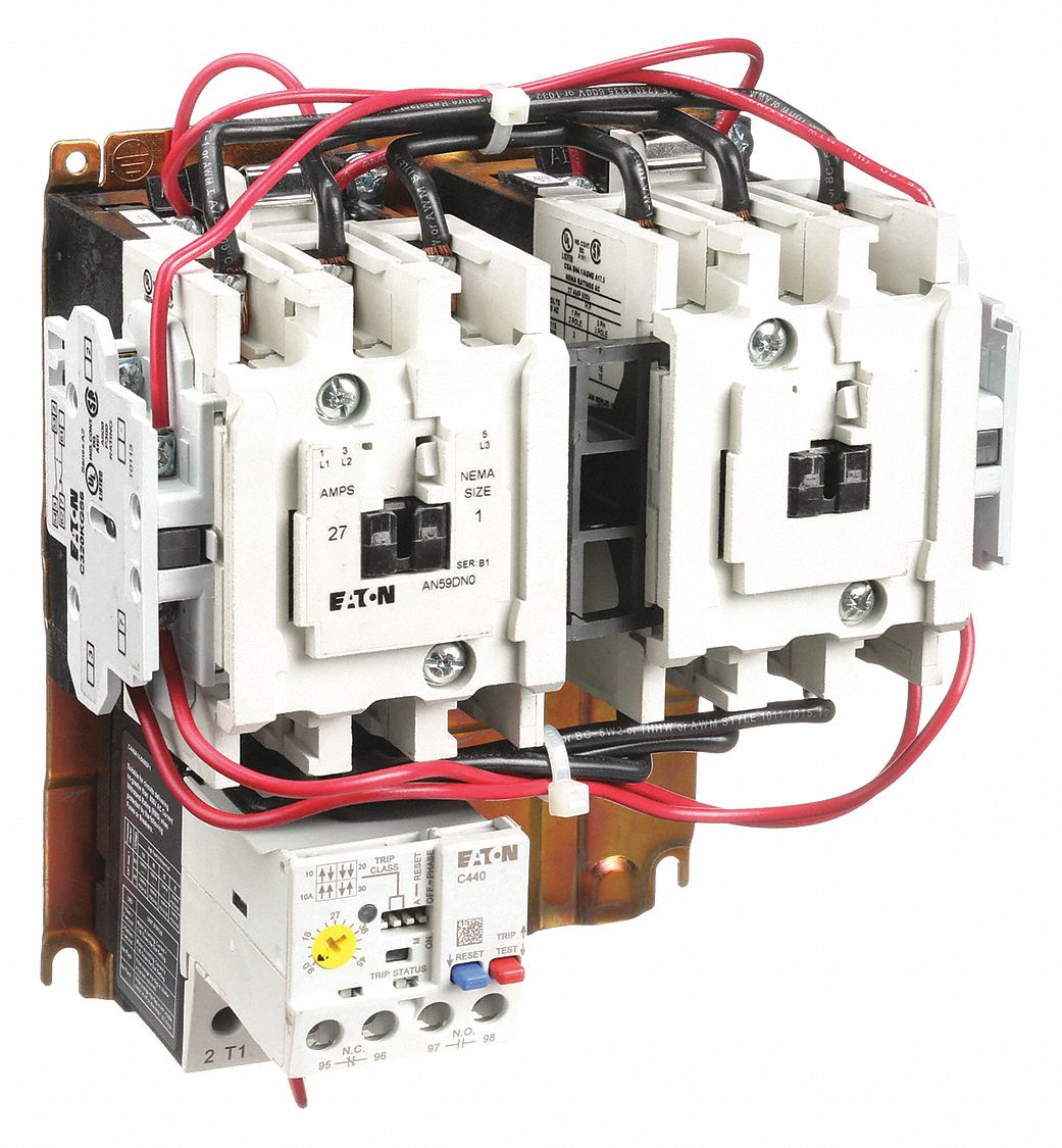 NEMA Magnetic Motor Starter: Reversing, 3 Poles, NEMA Size 1, 27 A, 120V AC Coil