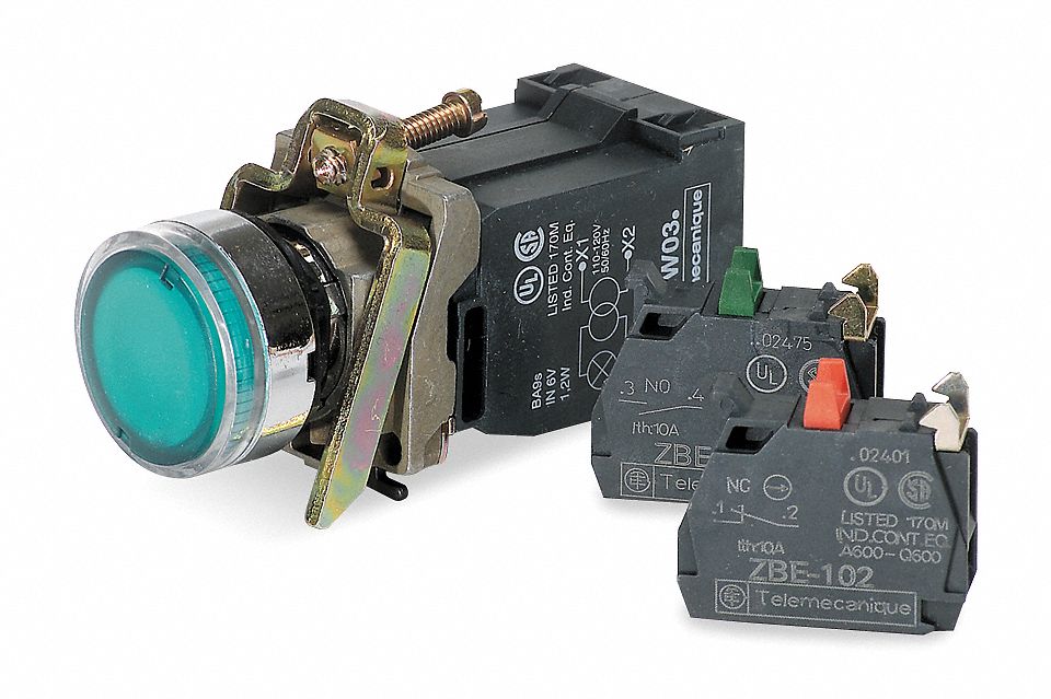 Illuminated Push Button: Illuminated, Flush Profile, Metallic, 22 mm, 1NO/1NC