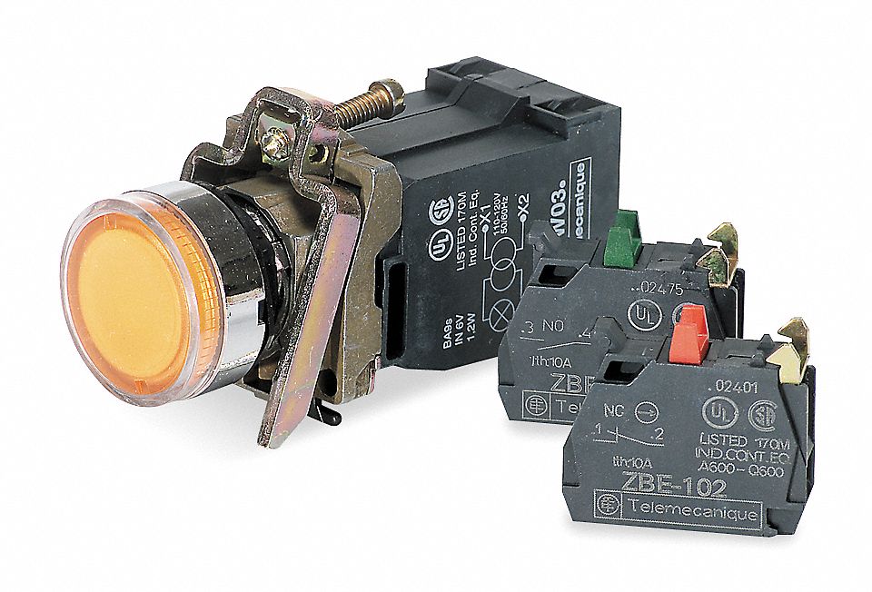 Illuminated Push Button: Illuminated, Flush Profile, Metallic, 22 mm, 1NO/1NC