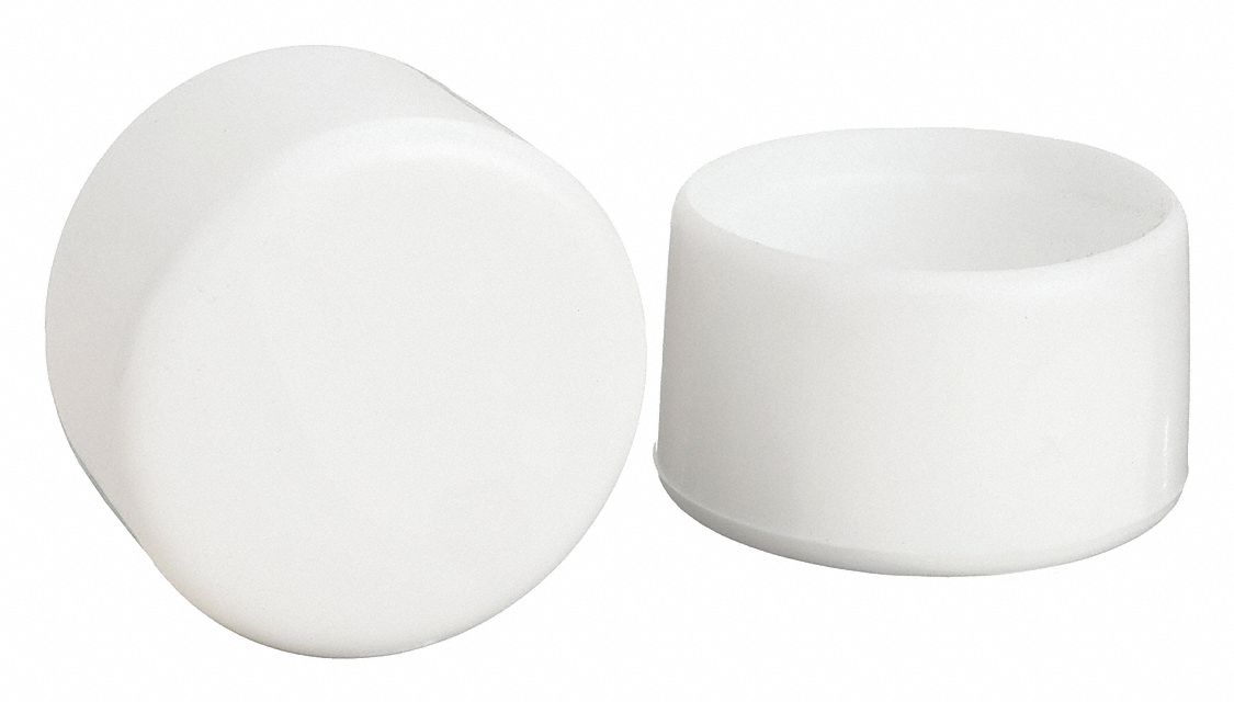 Furniture Protective Leg Tips: Plastic, Round, White, 1 in Overall Dia, Straight