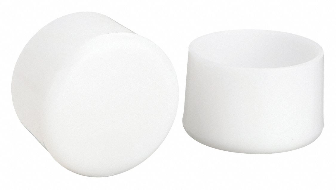 Furniture Protective Leg Tips: Plastic, Round, White, 1 1/8 in Overall Dia, Straight