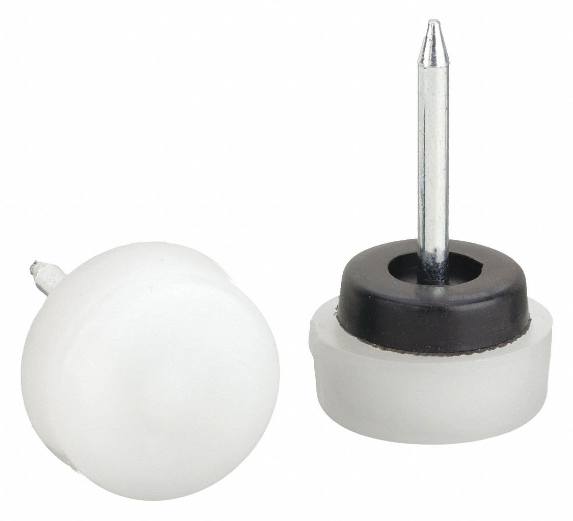Furniture Glides: Nylon, Round, White, 5/8 in Overall Dia