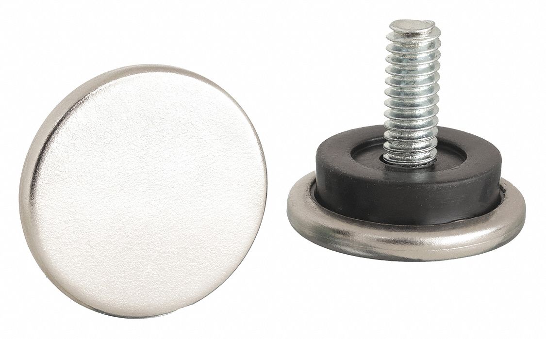Leveling Glides: Nickel, Round, Silver, 1 1/16 in Overall Dia, 1/2 in Overall Ht
