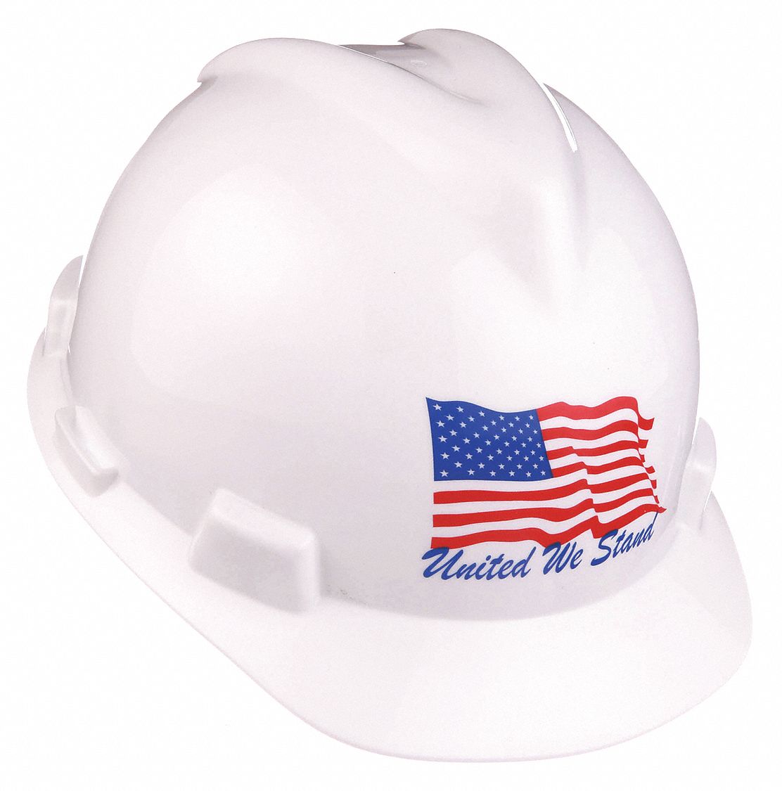 Hard Hat: White, American Flag, Ratchet (4-Point), Ratchet, Polyethylene, Side-Slots, MSA