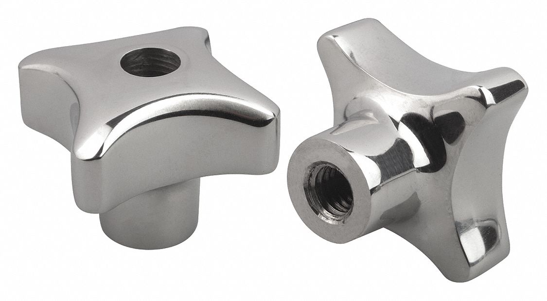 Hand Knob: 4 Point, Stainless Steel, 1/2"-13 Thread, 63 mm Dia