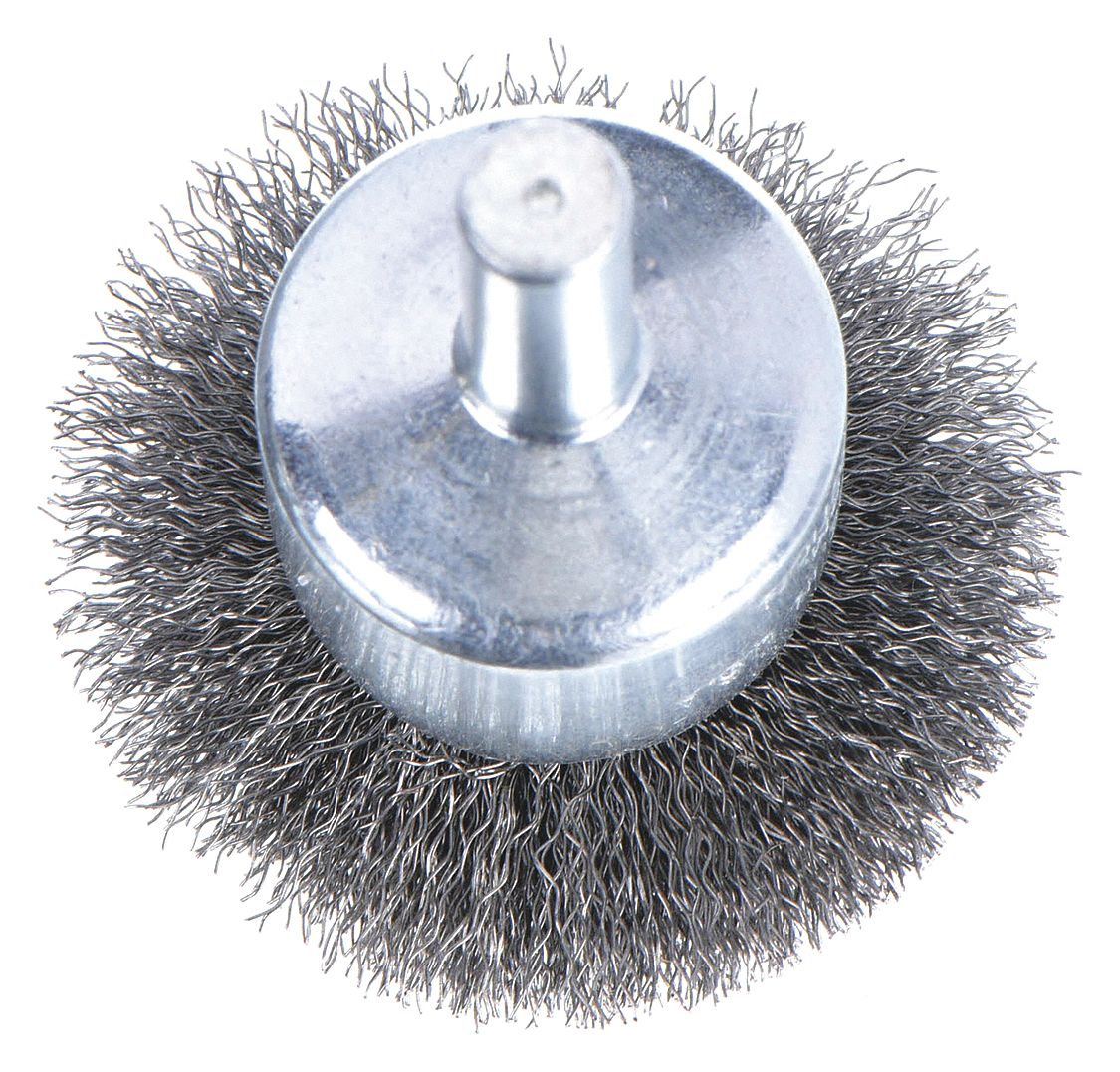 FLARED END BRUSH, CRIMPED STEEL, 1½ IN DIAMETER, 0.006 IN FILL DIAMETER, ¼ IN SHANK