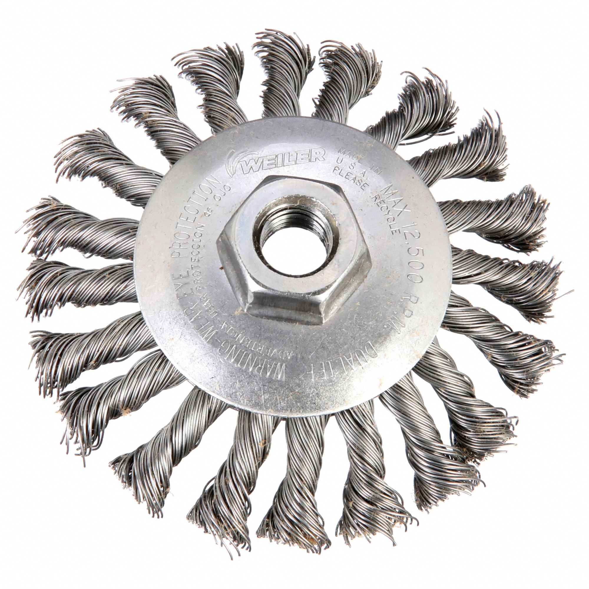Wire Bevel Brush: Twisted Steel, 4 1/2" Dia x 3/8" Wd, 5/8"-11 Arbor, 0.02" Fill