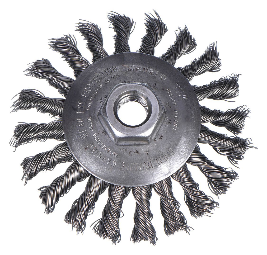 WIRE BEVEL BRUSH, TWISTED STEEL, 4½ IN DIAMETER X ⅜ IN W, 5/8