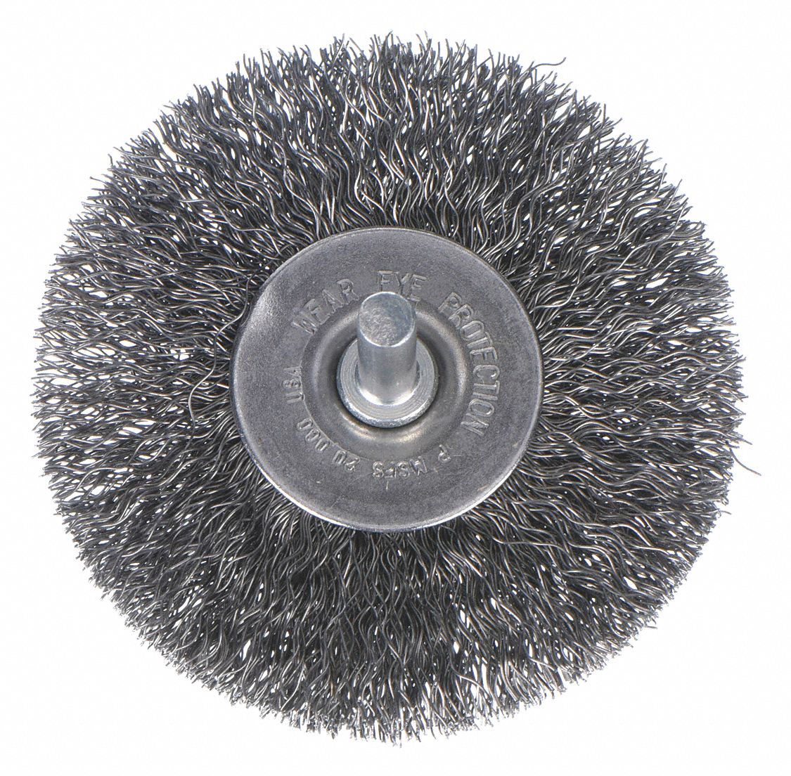 WIRE WHEEL BRUSH, CRIMPED STEEL, 3 IN DIAMETER X ½ IN W, ¼ IN SHANK, 0.014 IN FILL