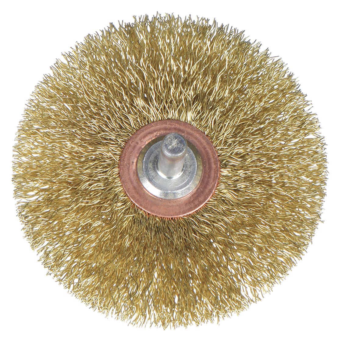 WIRE WHEEL BRUSH, CRIMPED BRASS, 3 IN DIAMETER X ½ IN W, ¼ IN SHANK, 0.012 IN FILL
