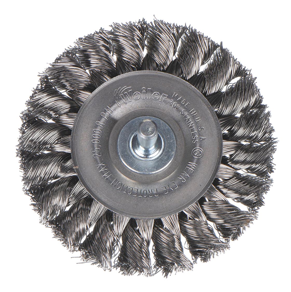WIRE WHEEL BRUSH, TWISTED STAINLESS STEEL, 3¼ IN DIAMETER X ⅜ IN W, ¼ IN SHANK, 0.014 IN FILL