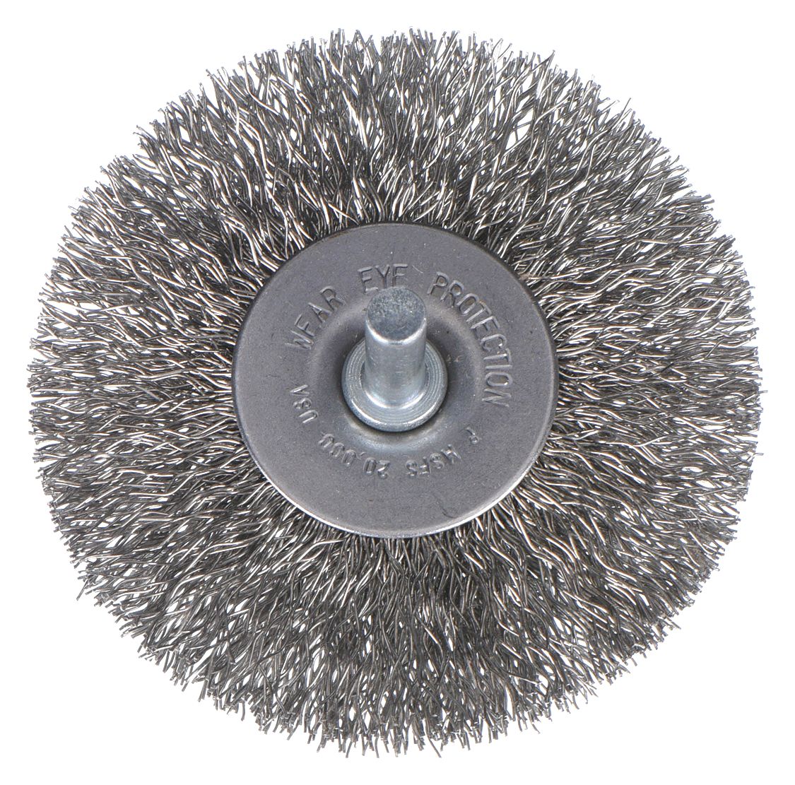 WIRE WHEEL BRUSH, CRIMPED STAINLESS STEEL, 3 IN DIAMETER X 1 IN W, ¼ IN SHANK, 0.012 IN FILL