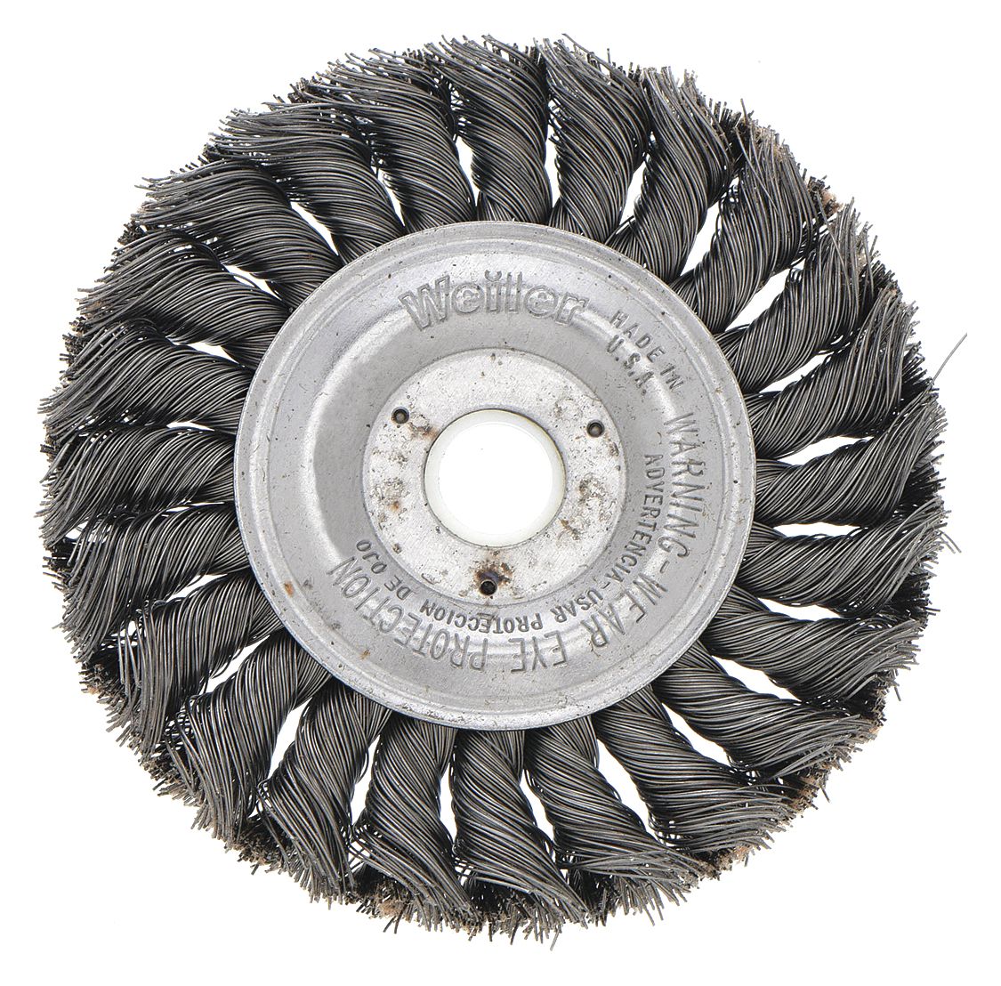 WIRE WHEEL BRUSH, TWISTED STEEL, 4 IN DIAMETER X ½ IN W, ⅝ IN TO ½ IN ARBOUR, 0.014 IN FILL