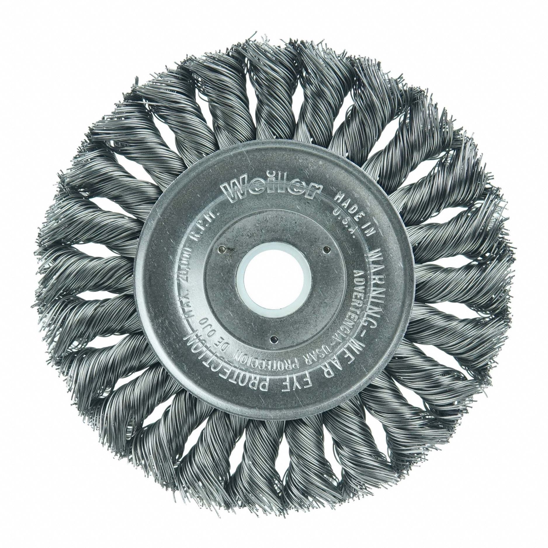 Wire Wheel Brush: Twisted Steel, 4" Dia x 1/2" Wd, 5/8" to 1/2" Arbor, 0.014" Fill