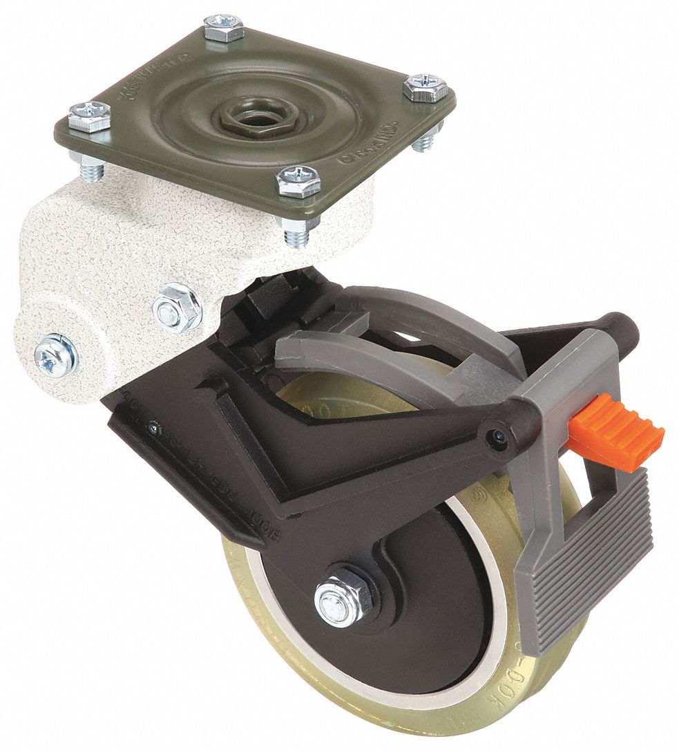 Plate Caster: Shock-Absorbing, Swivel, Polyurethane, 4 in Wheel Dia, Rectangle