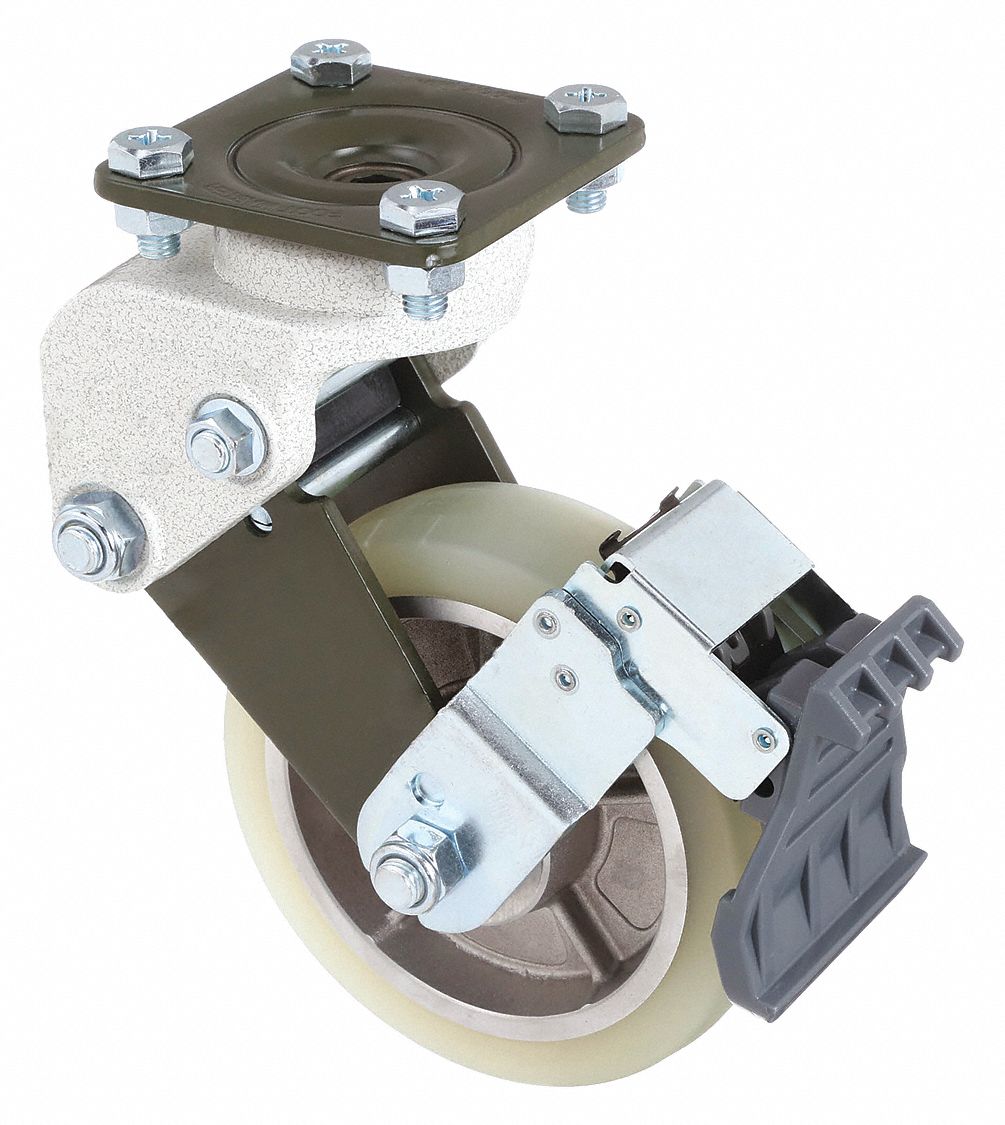 Plate Caster: Shock-Absorbing, Swivel, Polyurethane, 6 in Wheel Dia, Rectangle