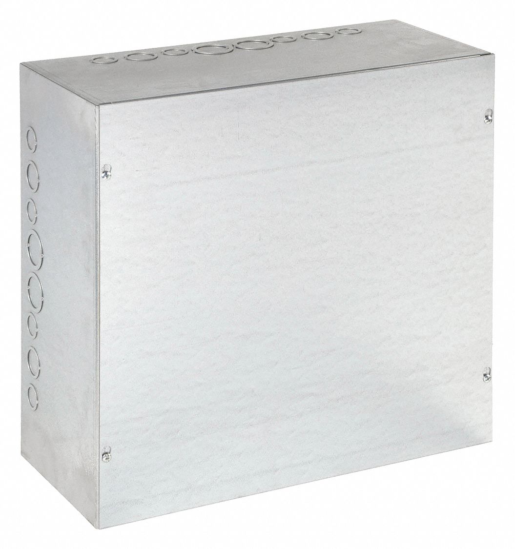 Enclosure: Steel, 12 in x 12 in x 8 in, NEMA 1, Solid Cover, Screw On, Included, Galvanized