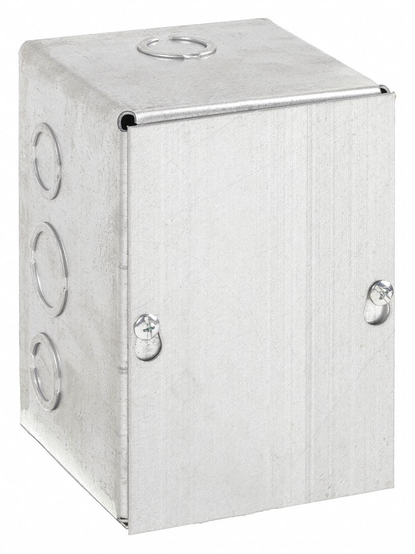 Enclosure: Steel, 6 in x 4 in x 4 in, NEMA 1, Solid Cover, Screw On, Included, Galvanized