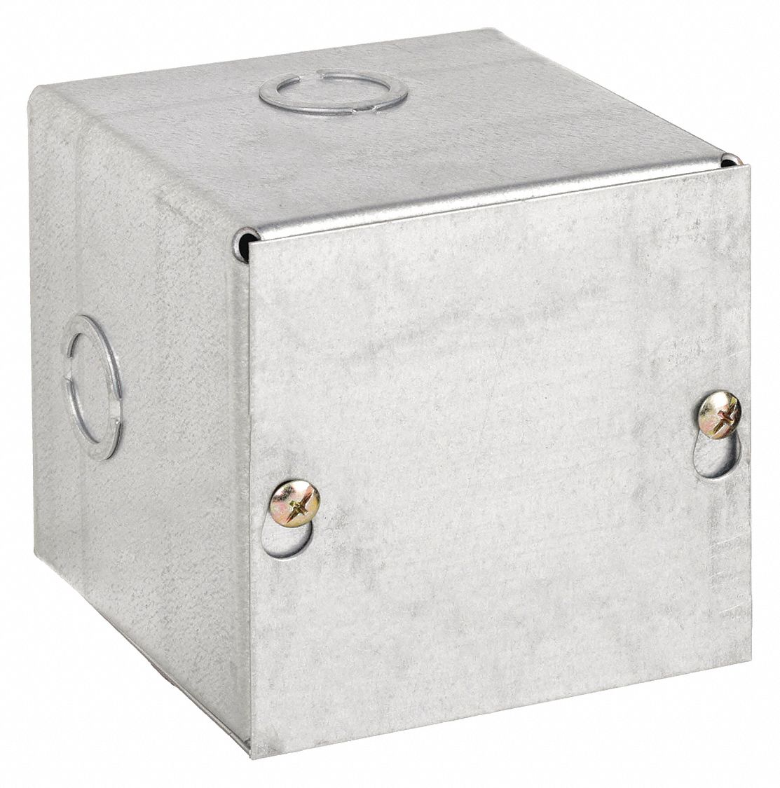 Enclosure: Steel, 4 in x 4 in x 4 in, NEMA 1, Solid Cover, Screw On, Included, Galvanized