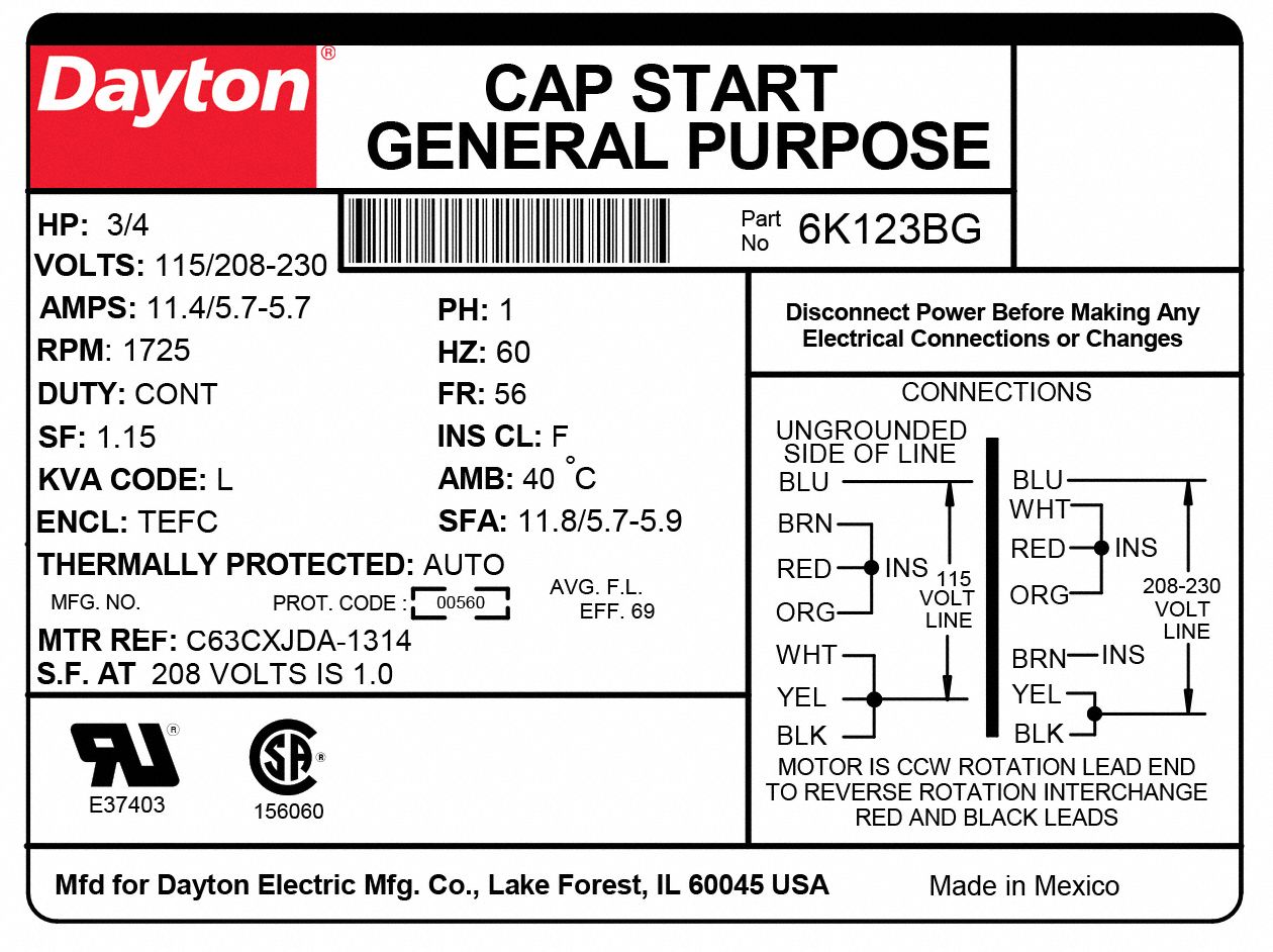 Dayton General Purpose Motor Totally Enclosed Fan Cooled Rigid Base Mount 3 4 Hp 115 8 230v Ac 6k123 6k123 Grainger