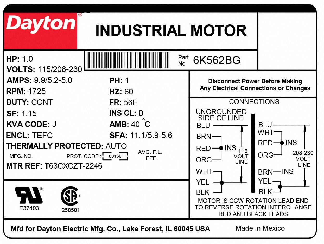 DAYTON 6K562BG GP Motor,1 HP,1,725 RPM,115/208-230V,56H 