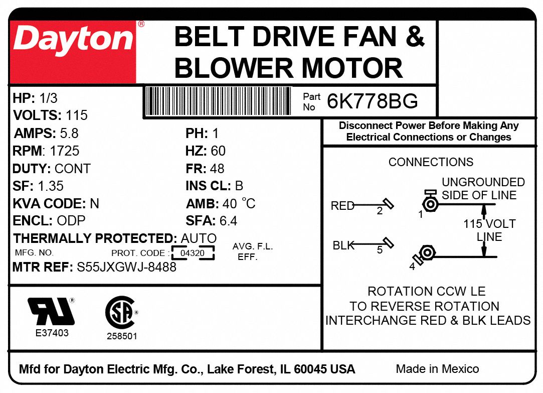 Dayton Belt Drive Motor 1 3 Hp Split Phase Nameplate Rpm 1 725 No Of Speeds 1 Voltage 115v Ac 6k778 6k778 Grainger