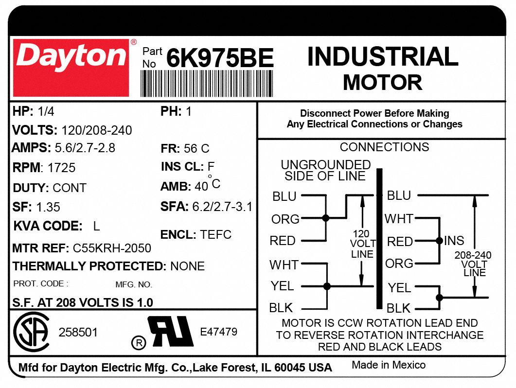 Dayton 6K975BA 1/4HP 1 Phase Capacitor Start Motor 1725 RPM