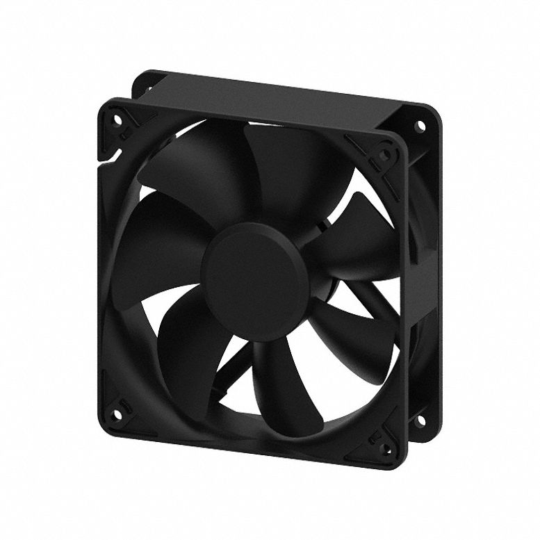 Standard Square Axial Fan: 4 11/16 in Ht, 1 1/2 in Dp, 138 cfm, IP20, PBT Plastic, 12V DC