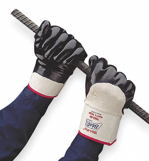 SHOWA 7066 GENERAL PURPOSE GLOVES, M, 9, NAVY, WHT, SAFETY CUFF, NITRILE, CUT/SEWN