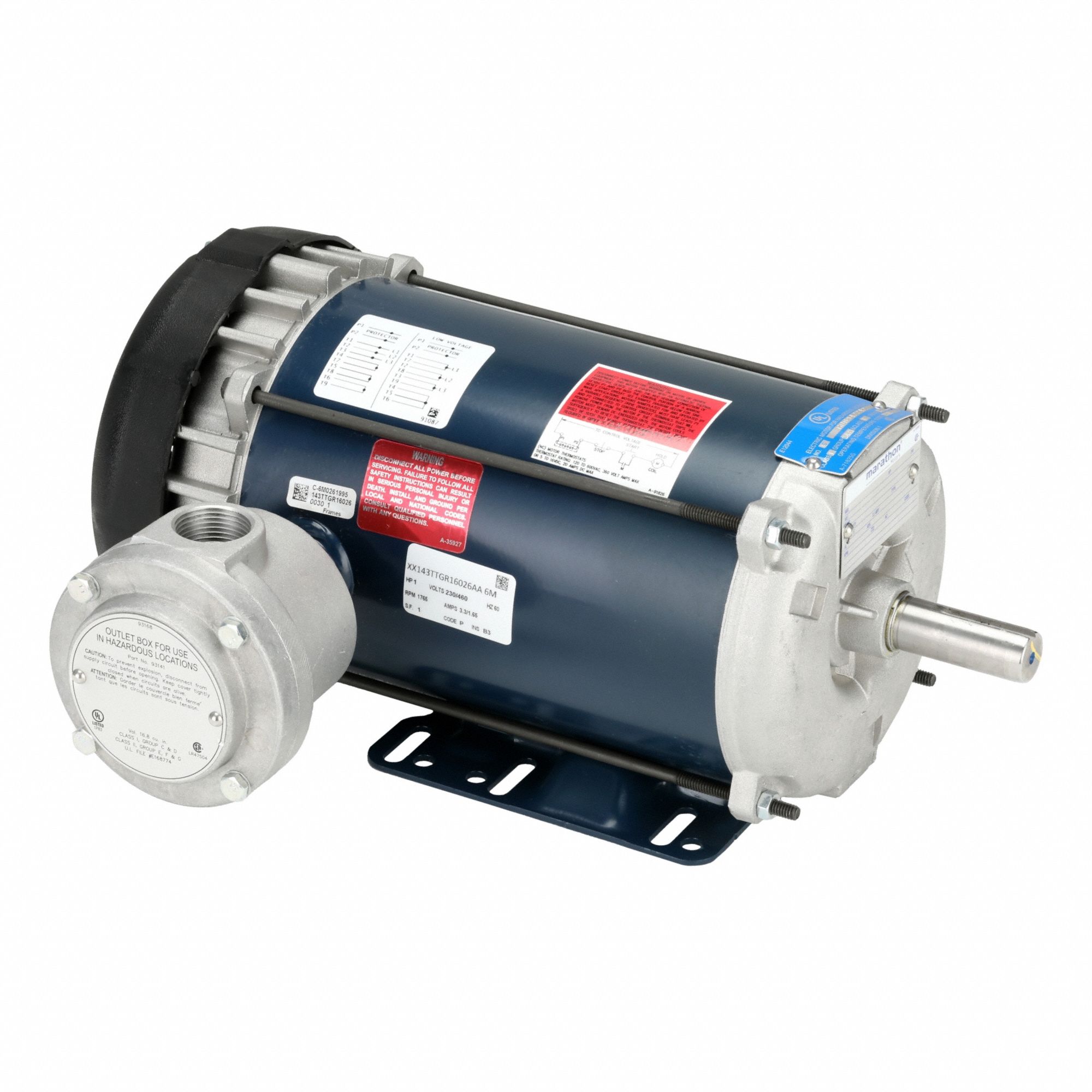 Hazardous Location Motor: Division I, Class I/Class II, Rigid Base, 1 hp Horsepower, T-Stat