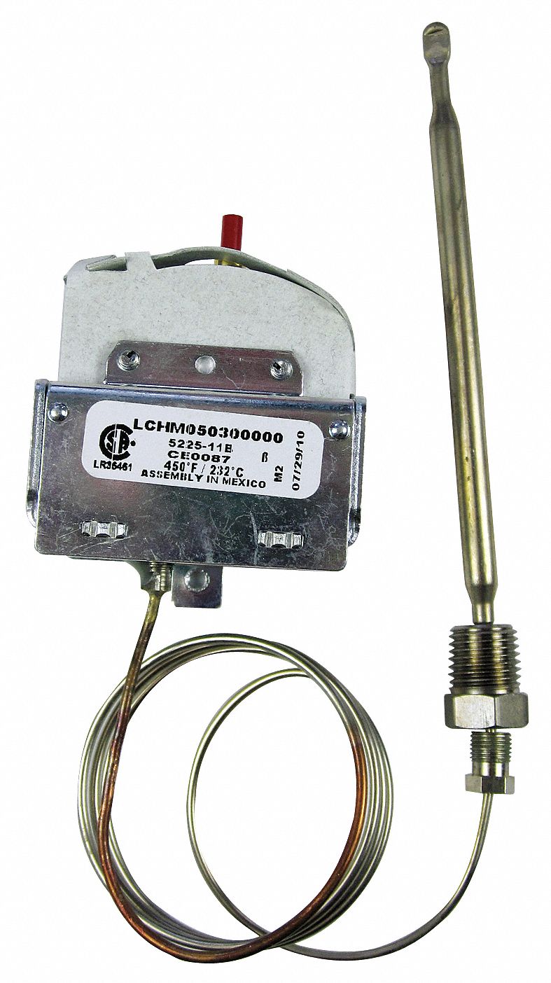ELECTRIC LIMIT CONTROL, 100 ° F TO 450 ° F TEMP RANGE, 100 TO 450 DIAL, 30 IN CAPILLARY, 1/4 IN STEM L