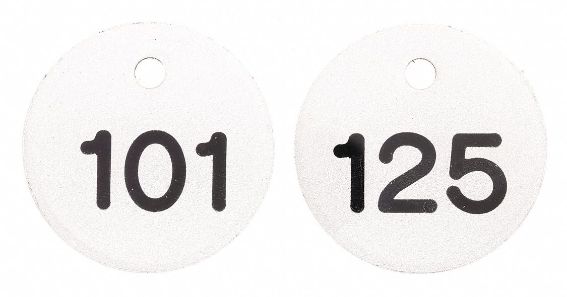 Subsurface Engraved Numbered Tags: Plastic, 1 1/2 in Dia, 101-125, Black/Silver, Round, 25 PK