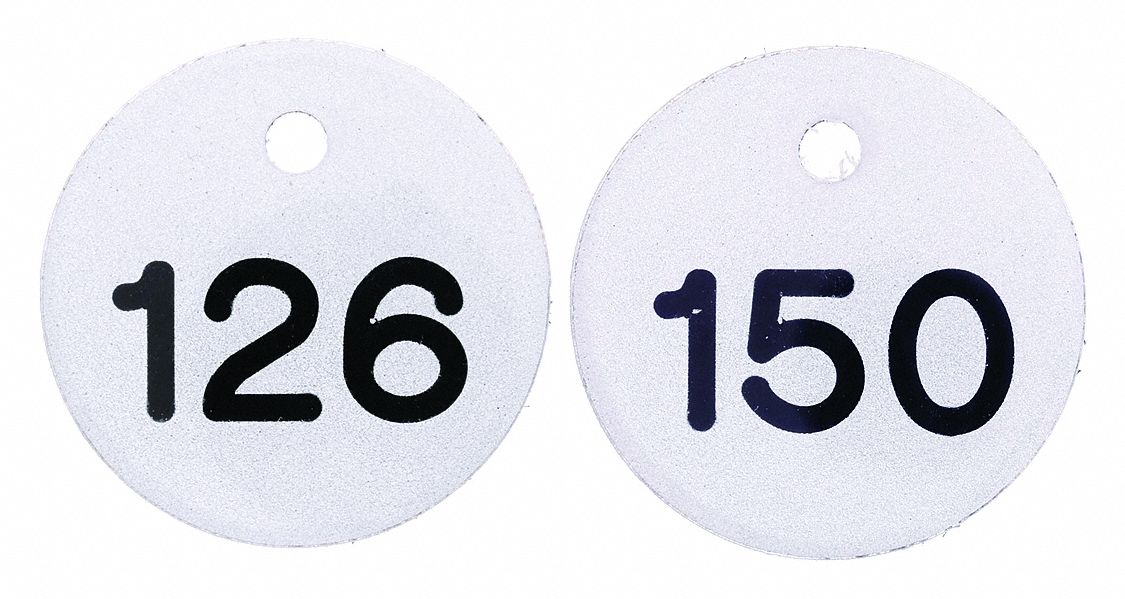 Subsurface Engraved Numbered Tags: Plastic, 1 1/2 in Dia, 126-150, Black/Silver, Round, 25 PK