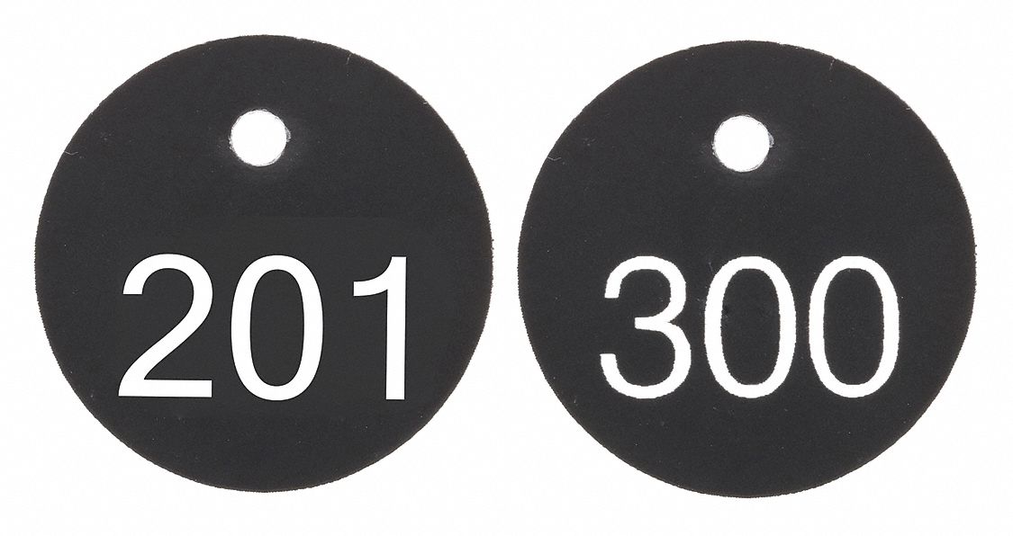 Engraved Numbered Tags: Plastic, 1 1/8 in Dia, 201-300, Black/White, 0.065 in Thick, Round, 100 PK