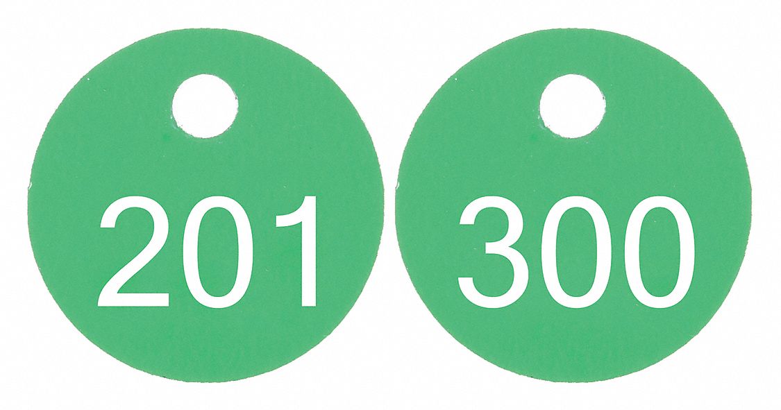 Engraved Numbered Tags: Plastic, 1 1/8 in Dia, 201-300, Green/White, 0.065 in Thick, Round, 100 PK
