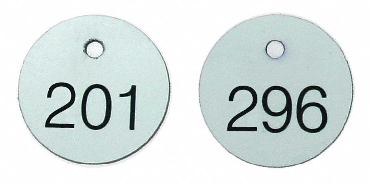 Engraved Numbered Tags: Plastic, 1 1/8 in Dia, 101-200, Black/White, 0.065 in Thick, Round, 100 PK