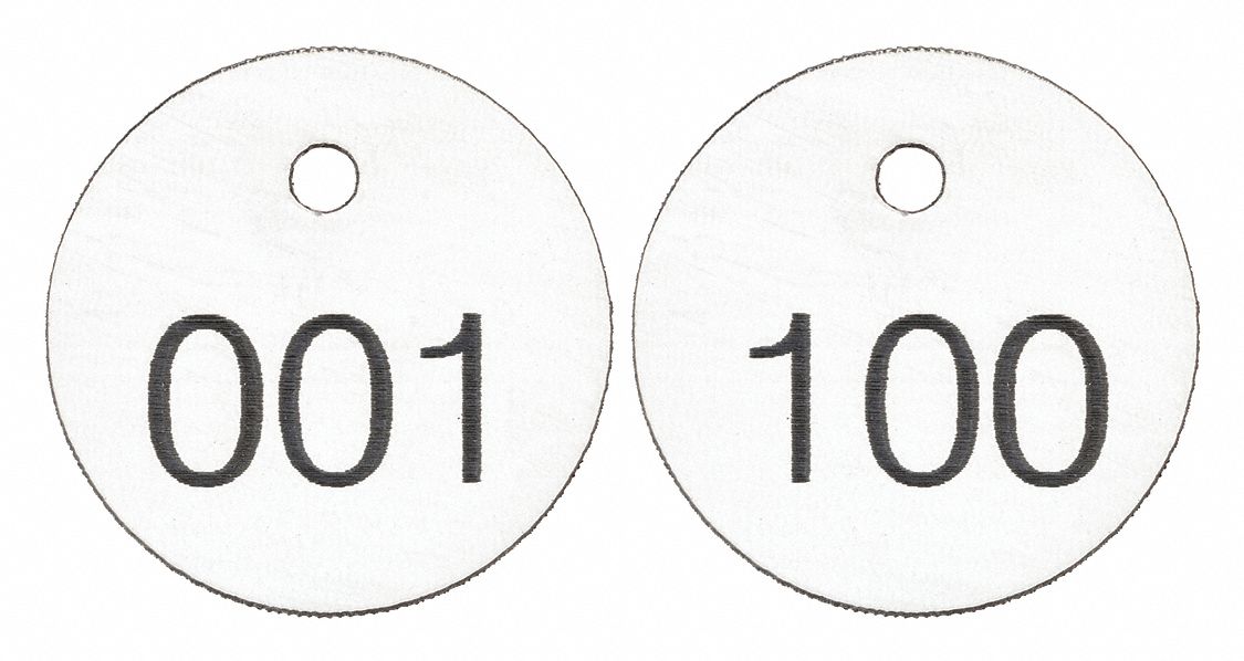 Engraved Numbered Tags: Plastic, 1 1/8 in Dia, 001-100, Black/White, 0.065 in Thick, Round, 100 PK