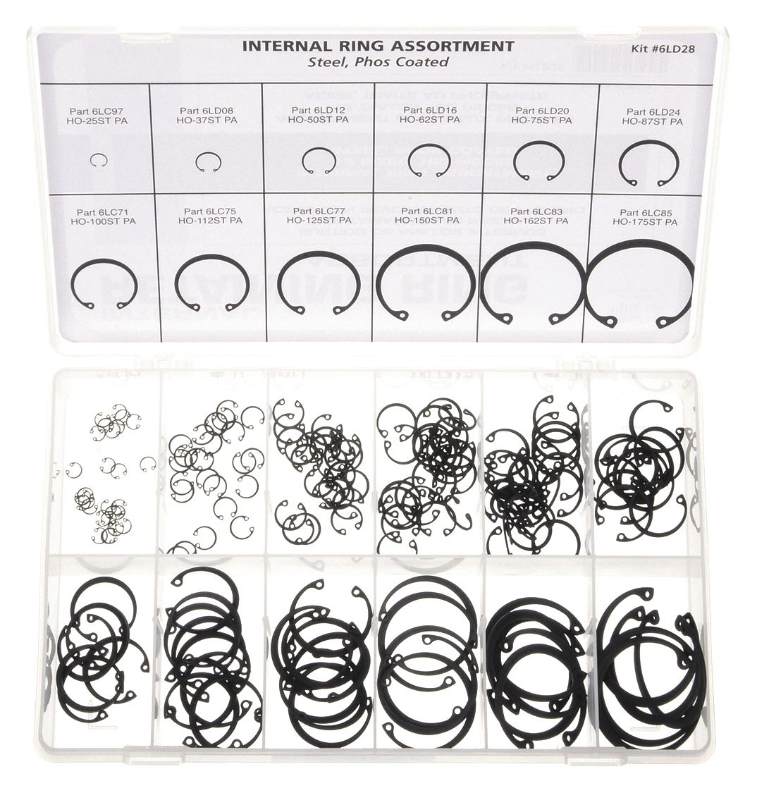 RETAINING RING ASSORTMENT, 180 PIECES, HOUSING RING, STEEL, BLACK PHOSPHATE, 180 PIECES, 12 SIZES