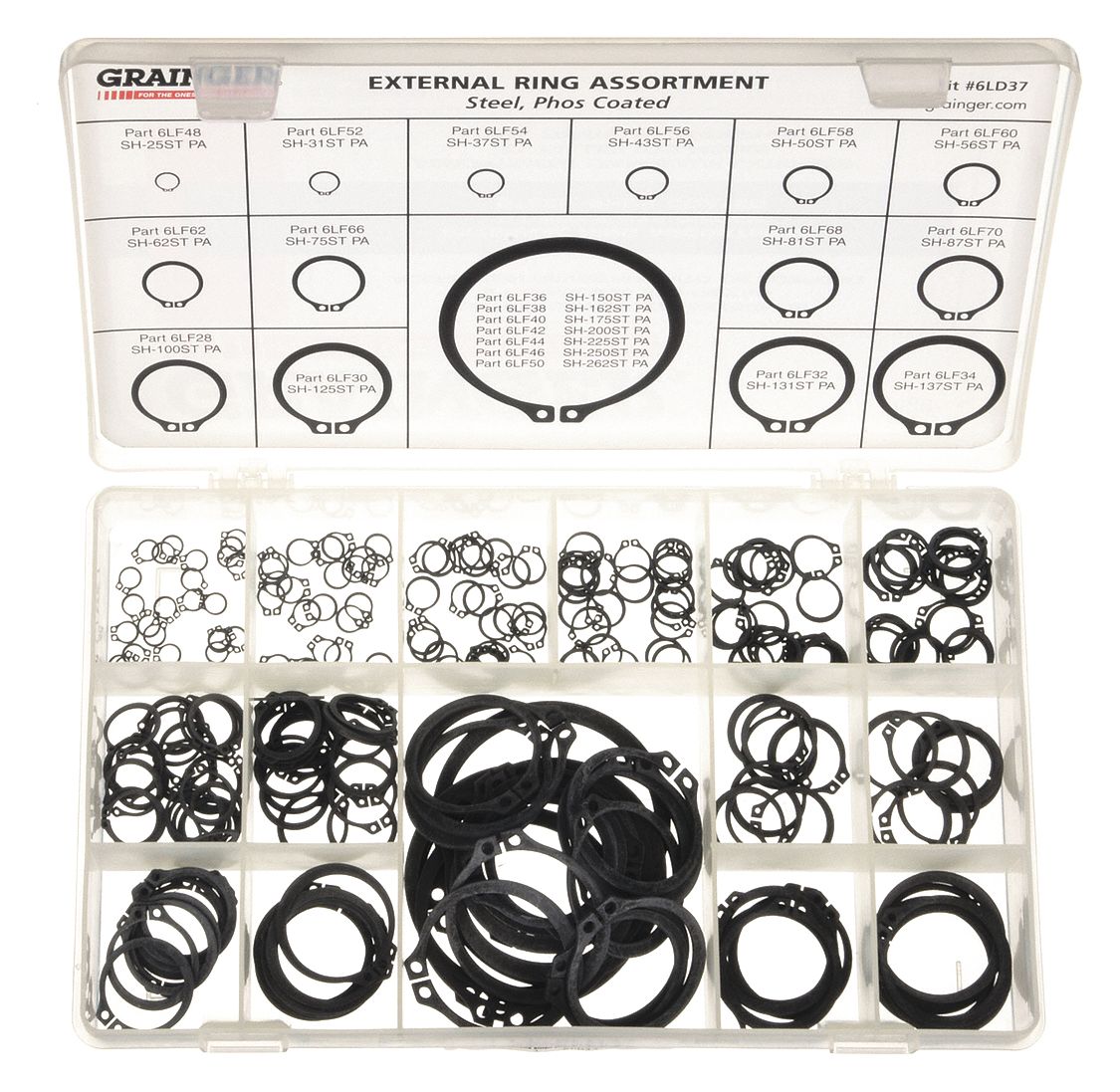 RETAINING RING ASSORTMENT, STEEL, BLACK PHOSPHATE, 273 PIECES, 21 SIZES