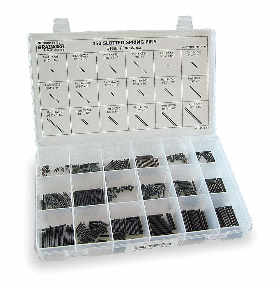 GRAINGER APPROVED Carbon Steel Slotted Spring Pin Assortment, Sizes 18