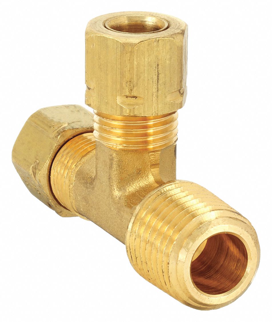 Compression Tee Fitting: 1/4 in OD x 1/4 in Pipe x 1/4 in OD Fitting Size, Brass, 10 PK