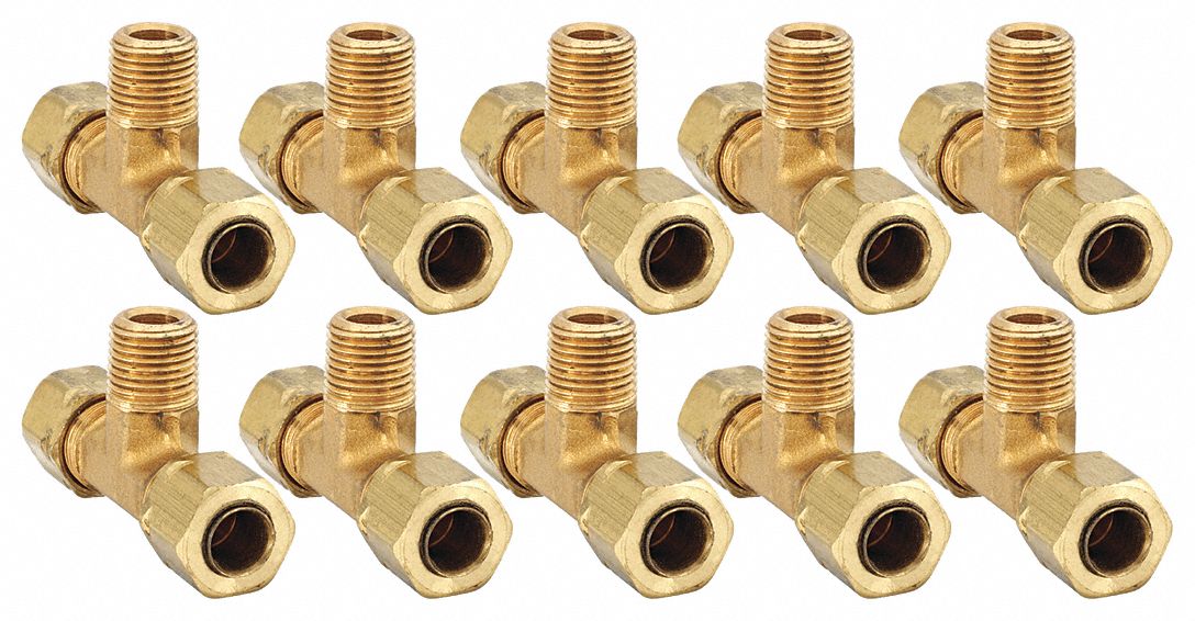 Compression Tee Fitting: 1/4 in OD x 1/4 in OD x 1/8 in Pipe Fitting Size, Brass, 10 PK
