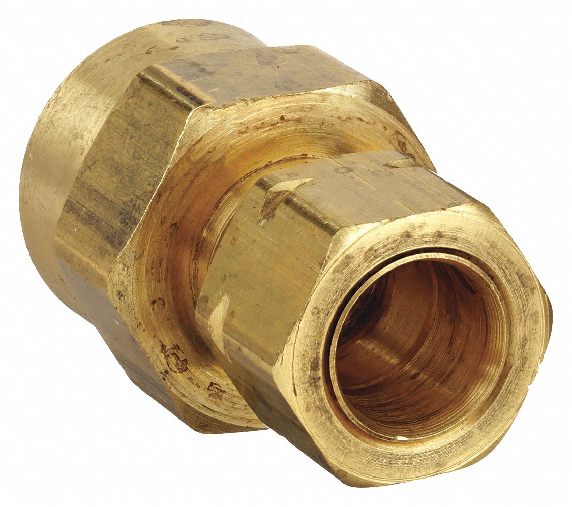 FEMALE CONNECTOR: BRASS, COMPRESSION X FNPTF, ½ IN PIPE SIZE, FOR ½ IN TUBE OD