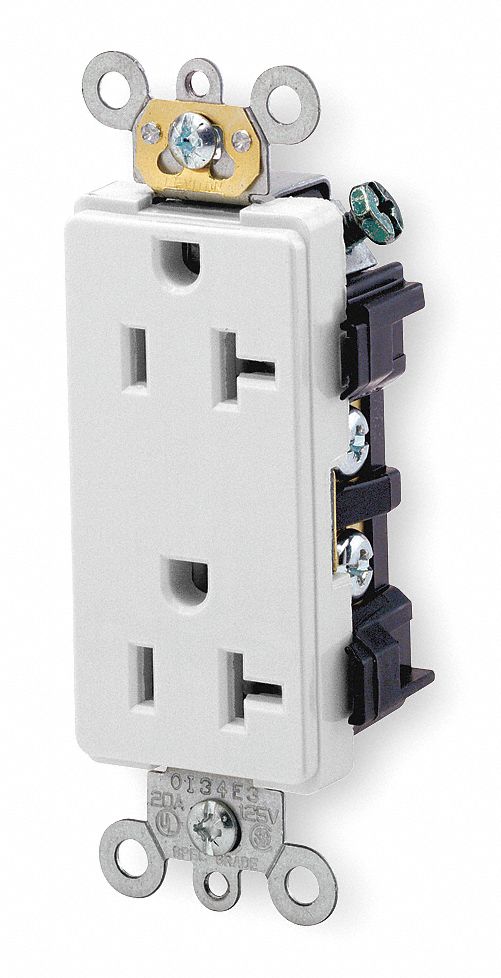 Receptacle: Decorator Duplex, White, 5-20R, 20 A, 125V AC, 2 Pole / 3 Wire, Screw Terminals