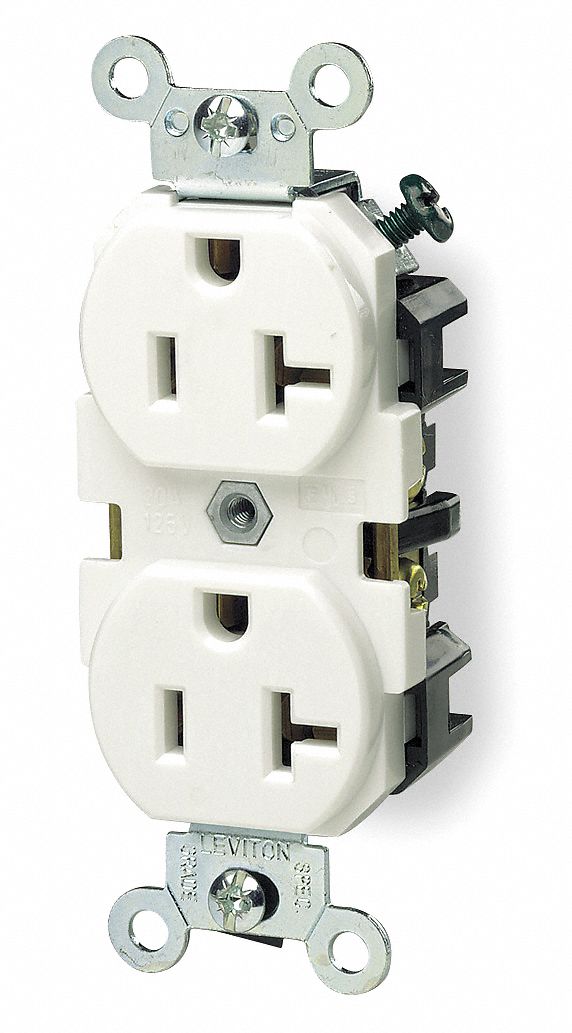 Receptacle: Duplex, 5-20R, 125V AC, 20 A, White, 2 Pole / 3 Wire, Screw Terminals