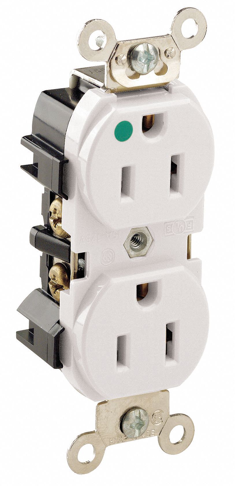 Receptacle: Duplex, 5-15R, 15 A, 125V AC, White, 2 Pole / 3 Wire Poles & Wires, Gen Purpose