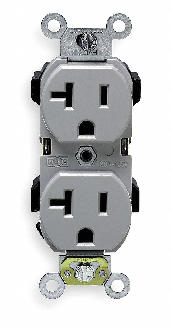 Receptacle: Duplex, Gray, 5-20R, 20 A, 125V AC, 2 Pole / 3 Wire, Screw Terminals