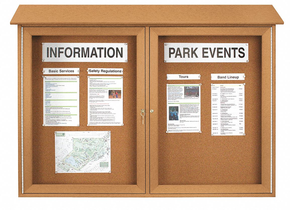 UNITED VISUAL PRODUCTS, Natural Cork, 52 in Wd, Enclosed Bulletin Board