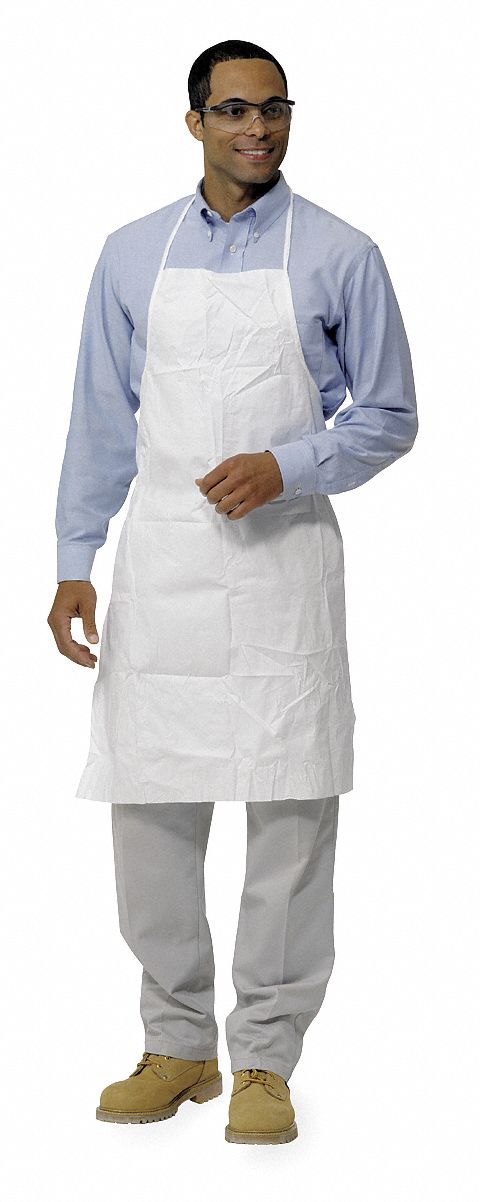 DISPOSABLE BIB APRON, 10 MIL, 36 IN L, TIE, BOUND SEAM, LOOP STRAP, 100 PK