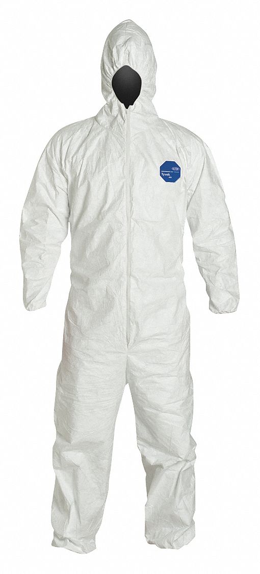 HOODED DISPOSABLE COVERALLS, TYVEK 400, ELASTIC CUFFS/ANKLES, SERGED SEAMS, WHITE, L